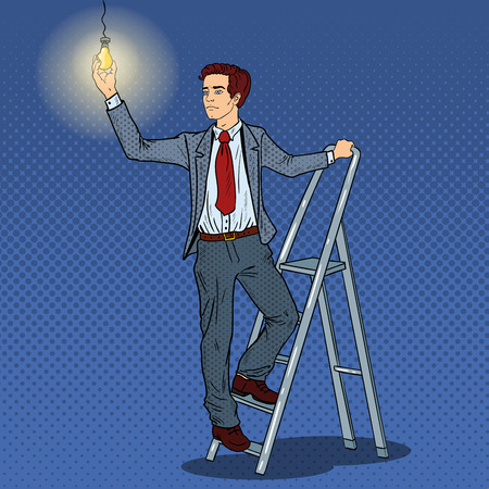 Pop Art Businessman with Ladder and Lightbulb. Vector illustrationのイラスト素材