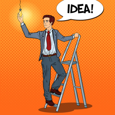 Pop Art Businessman with Ladder and Lightbulb. Vector illustrationのイラスト素材