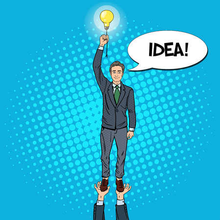 Pop Art Businessman with Lightbulb. Team Work Concept. Vector illustrationのイラスト素材