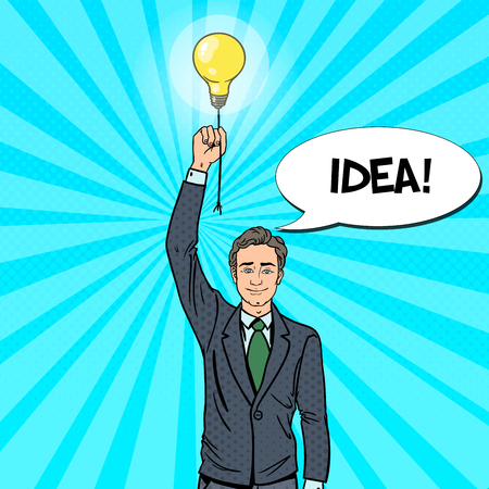 Pop Art Businessman with Lightbulb Idea. Vector illustrationのイラスト素材