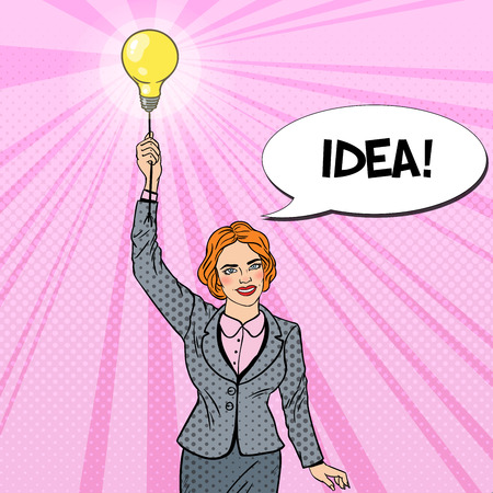 Pop Art Business Woman with Lightbulb. Team Work Concept. Vector illustrationのイラスト素材