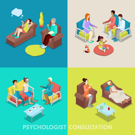 Isometric Psychologist Consultation. People on Psychotherapy. Vector 3d flat illustrationのイラスト素材