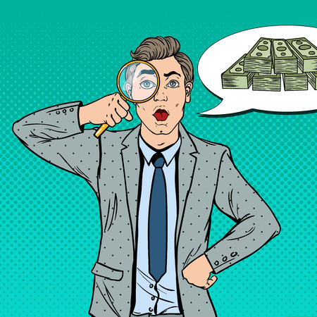 Pop Art Amazed Businessman with Magnifier Found Money. Vector illustrationのイラスト素材