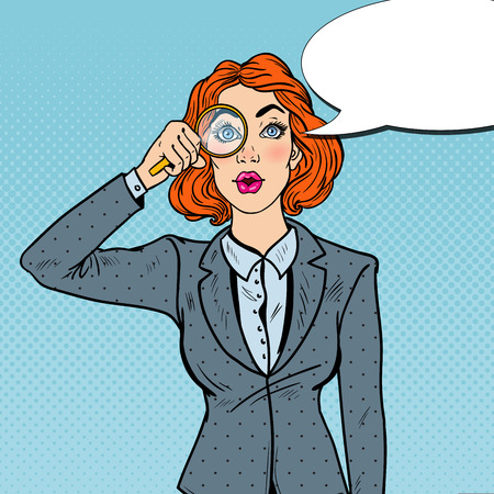 Pop Art Amazed Business Woman with Magnifier. Vector illustrationのイラスト素材