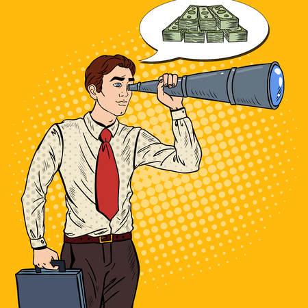 Pop Art Businessman Looking for Money in Spyglass. Vector illustrationのイラスト素材
