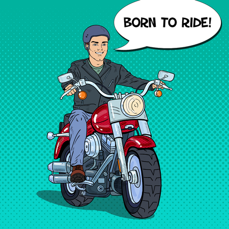 Pop Art Man Biker Riding a Chopper. Vector illustrationのイラスト素材