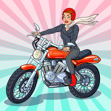 Pop Art Biker Woman in Helmet Riding a Motorcycle. Vector illustrationのイラスト素材