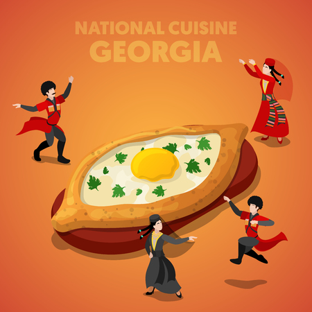 Isometric Georgia National Cuisine with Khachapuri and Georgian People in Traditional Clothes. Vector 3d flat illustrationのイラスト素材