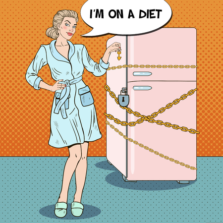 Pop Art Young Woman on Diet with Locked Fridge. Vector illustrationのイラスト素材
