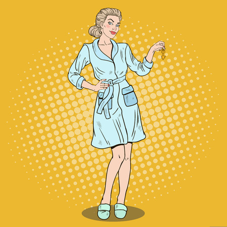 Pop Art Beautiful Woman Holding Golden Key. Vector illustrationのイラスト素材