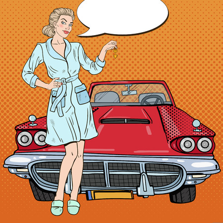 Pop Art Blonde Woman with Car Keys. Vector illustrationのイラスト素材