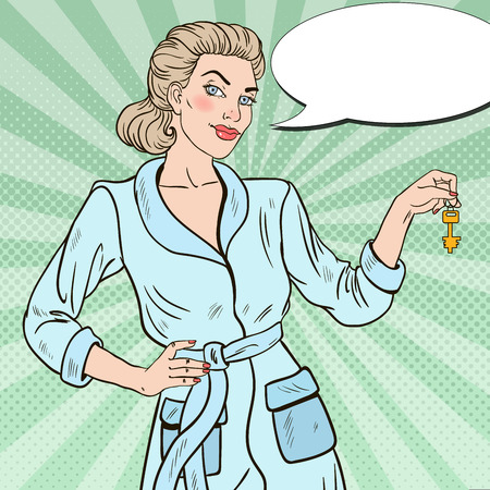 Pop Art Young Beautiful Woman with Golden Key. Vector illustrationのイラスト素材