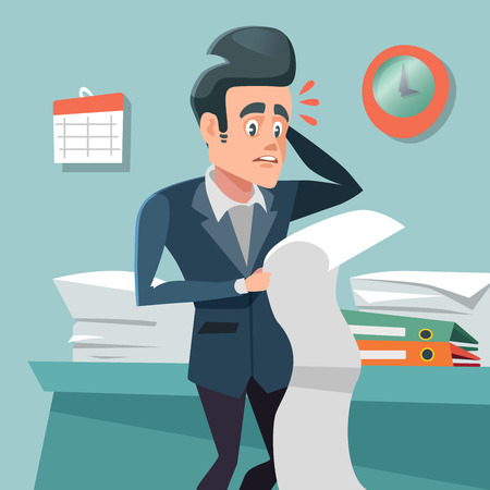 Confused Businessman with Long To Do List. Overtime at Work. Vector illustrationのイラスト素材