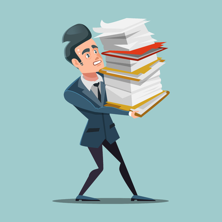 Overworked Businessman with Huge Pile of Documents. Paper Work. Vector illustrationのイラスト素材