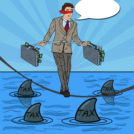 Pop Art Businessman Walking on the Rope with Briefcase Over the Sea with Sharks. Vector illustrationのイラスト素材