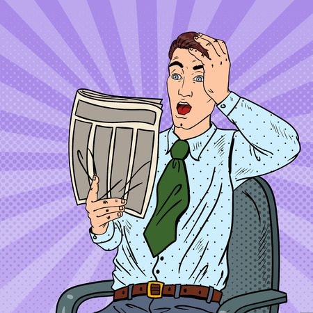 Pop Art Shocked Businessman Reading Newspaper. Bad News. Vector illustrationのイラスト素材