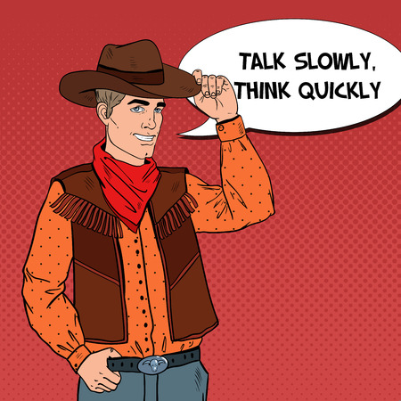 Pop Art Cowboy in Hat Smiling with Comic Speech Bubble. Wild West Hero. Vector illustrationのイラスト素材