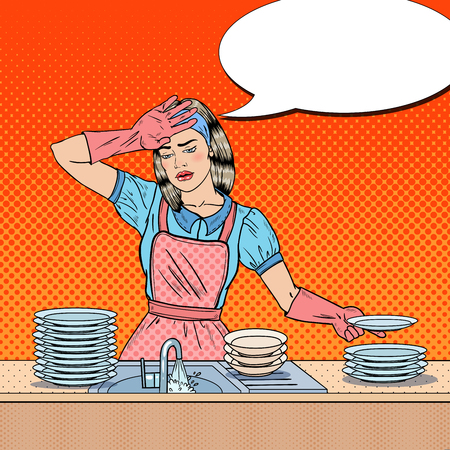 Pop Art Bored Woman Washing Dishes at the Kitchen. Vector illustrationのイラスト素材