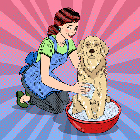 Pop Art Happy Woman Washing Their Dog. Vector illustrationのイラスト素材