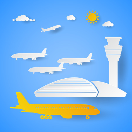Airport Terminal with Planes. Cut Paper Vector Illustrationのイラスト素材