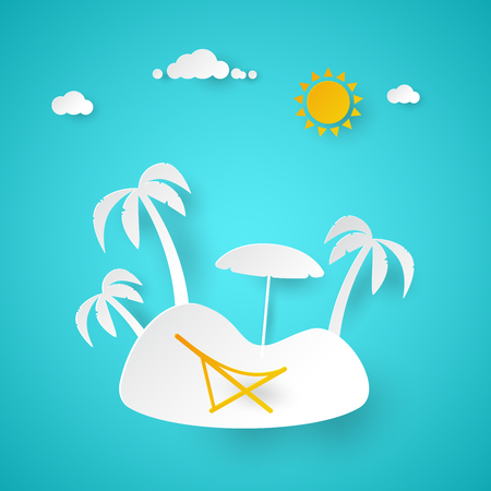 Summer Vacation. Tropical Island with Palm Tree. Cut Paper Vector Illustrationのイラスト素材