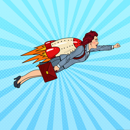 Pop Art Business Woman Flying on Rocket. Creative Start Up. Vector illustrationのイラスト素材