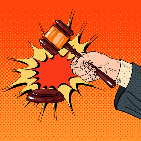 Pop Art Judge Hand Hitting Wooden Gavel in a Courtroom. Vector illustrationのイラスト素材