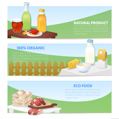 Eco Food. Natural Products Horizontal Banners with Milk, Cheese and Meat. Vector illustrationのイラスト素材