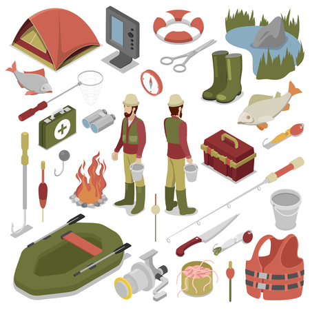 Fisherman with Fish, Rod, Hook and Boat. Fishing Tools. Vector flat 3d isometric illustrationのイラスト素材