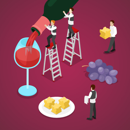 Isometric Wine Degustation with Bottle, Grape and Small Sommelier. Vector 3d flat illustrationのイラスト素材