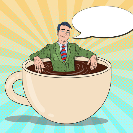 Pop Art Smiling Businessman Relaxing in Coffee Cup. Work Break. Vector illustrationのイラスト素材