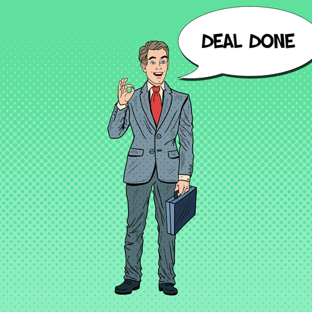 Pop Art Happy Businessman Gesturing OK. Business Success. Vector illustrationのイラスト素材
