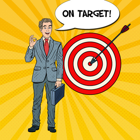 Pop Art Happy Businessman Achieved the Target. Business Success. Vector illustrationのイラスト素材