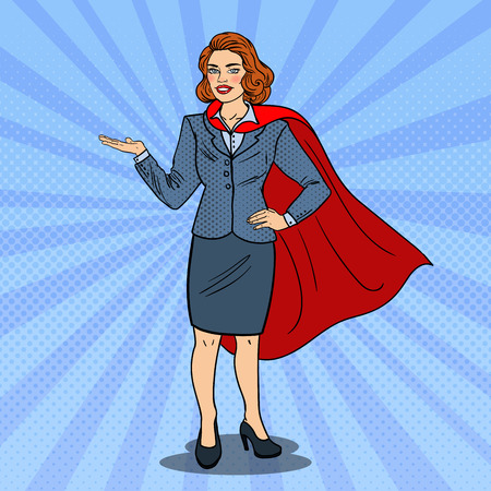 Pop Art Super Business Woman in Red Cape Pointing on Copy Space. Presentation. Vector illustrationのイラスト素材