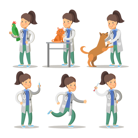 Vet Woman Cartoon Character Set. Pets Health Care. Vector illustrationのイラスト素材