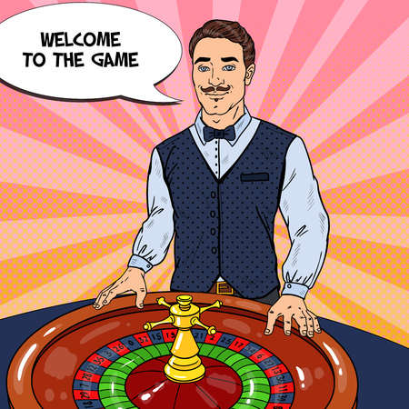 Croupier Behind Roulette Table. Casino Gambling. Pop Art Vector retro illustrationのイラスト素材