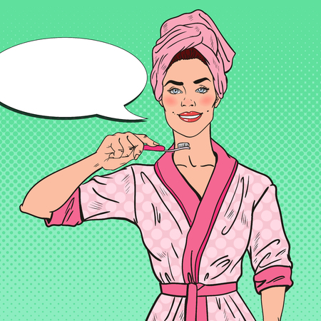 Pop Art Smiling Pretty Woman with Toothbrush. Oral Hygiene. Vector illustrationのイラスト素材