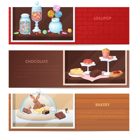 Horizontal Banners with Sweets Food - Bakery, Candy and Chocolate. Vector illustrationのイラスト素材