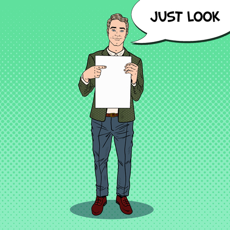 Pop Art Businessman Pointing at Blank Sheet. Business Presentation. Vector illustrationのイラスト素材