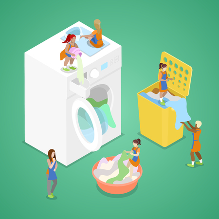 Miniature People Washing Clothes. Laundry Service. Isometric vector flat 3d illustrationのイラスト素材