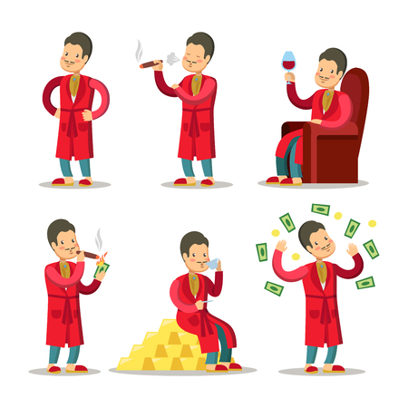 Happy Cartoon Rich Man with Money and Cigar. Successful Senior Businessman.のイラスト素材
