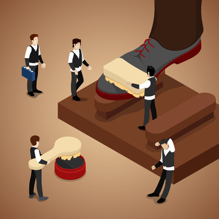 Miniature People Polishing Shoe. Isometric vector flat 3d illustrationのイラスト素材