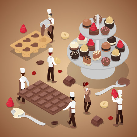 People Making Chocolate Candies. Sweet Food Production. Isometric vector flat 3d illustrationのイラスト素材