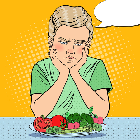 Upset Boy with Plate of Fresh Vegetables. Healthy Eating. Pop Art retro vector illustrationのイラスト素材
