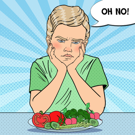 Upset Child with Plate of Fresh Vegetables. Healthy Eating. Pop Art retro vector illustrationのイラスト素材