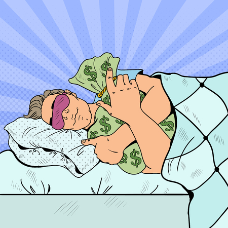 Man Sleeping in Bed with Money Bags. Pop Art retro vector illustrationのイラスト素材