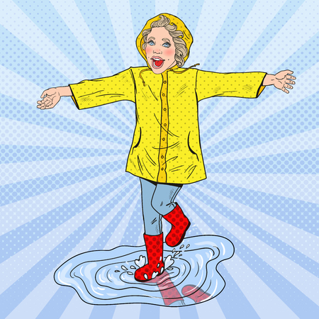 Happy Girl Running in Puddles after Rain. Vector retro illustrationのイラスト素材