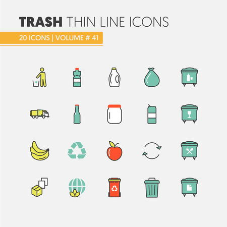 Garbage Waste Recycling Linear Thin Line Vector Icons Set with Trashcansのイラスト素材
