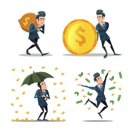 Successful Businessman with Money Rain. Rich Man. Vector cartoon illustrationのイラスト素材