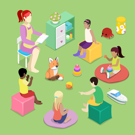 Kindergarden Interior with Children. Preschool Inside. Isometric vector flat 3d illustrationのイラスト素材